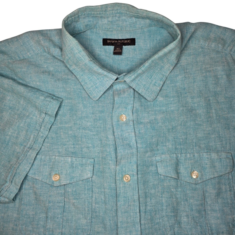 Mens Banana Republic Linen Blend Short Sleeve Button Up Shirt XL Blue Two Pocket